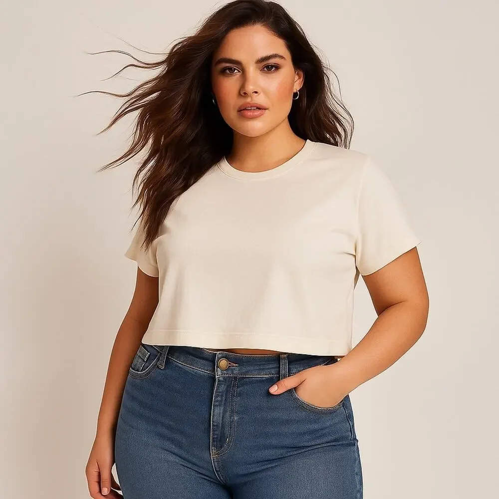 SKIMS Short Sleeve Cotton Crop T-Shirt Bone Pullover Crew Neck Plus Size 4X NEW
